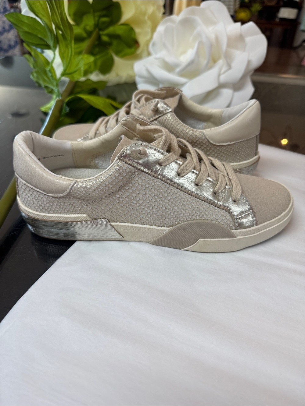 Dolce Vita Taupe and Metallic Low-Top Sneakers